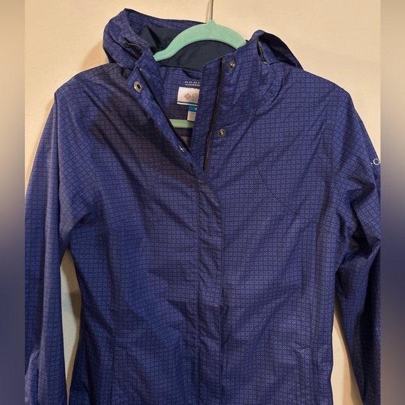 Columbia Blue & Black Print Full Zip Hooded Omnitech Jacket Mid-Length Medium. - Picture 2 of 9